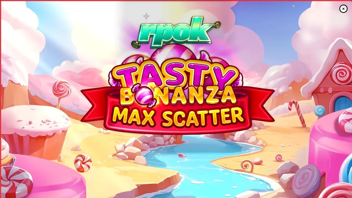 Tampilan visual slot Tasty Bonanza Max Scatter dengan tema permen yang ceria